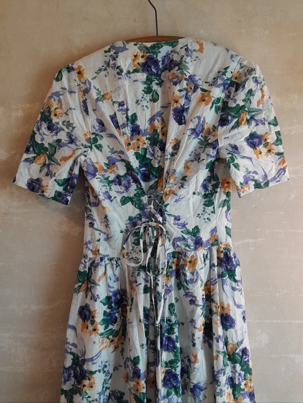 546a. white & blue vintage Uni Mondo floral short sleeve 80s 90s midi dress, M? - Picture 7 of 8